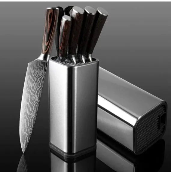 Stainless steel kitchen knife holder with storage bucket and detachable base in black