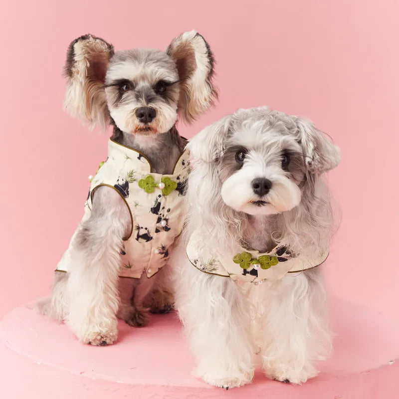 Chinese style sleeveless panda vest for Teddy Schnauzer Bichon in polyester with pendant