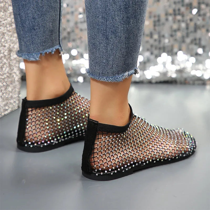 New women's hollow flat sandals with rhinestone design, round toe, mesh upper, rubber sole in beige