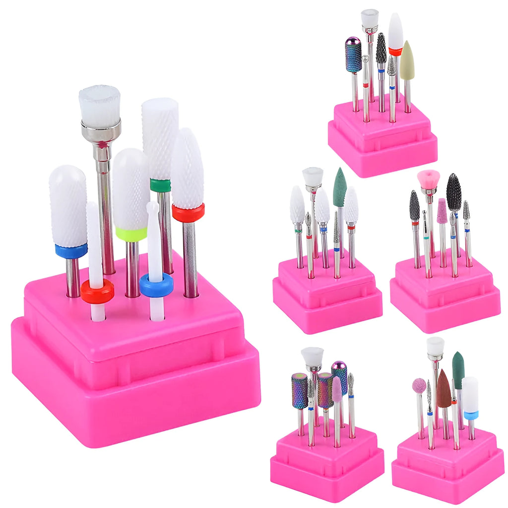 Tungsten steel nail drill bit set with six bits and a brush in a transparent case.