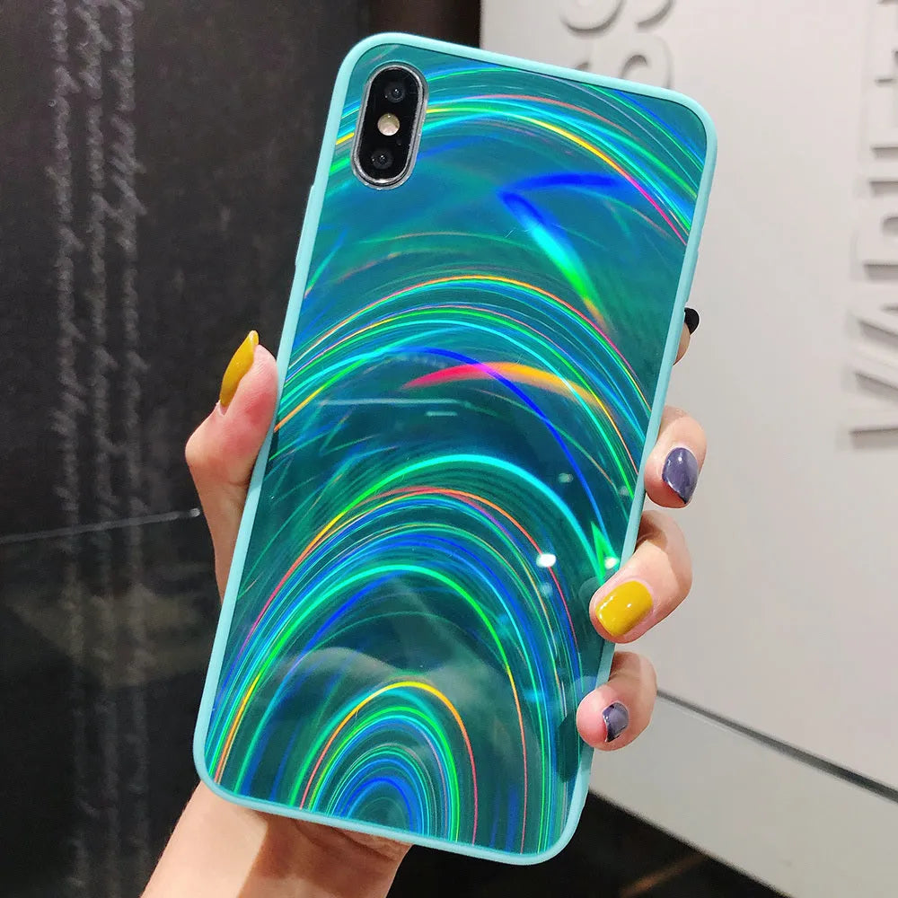 A 3D rainbow glitter gradient back cover case for a smartphone, showing its full-coverage design and sparkling finish.