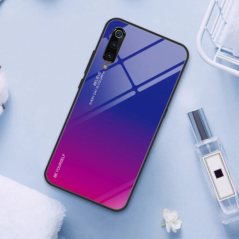Gradient colour phone case for Redmi smartphones with tempered glass back and TPU frame