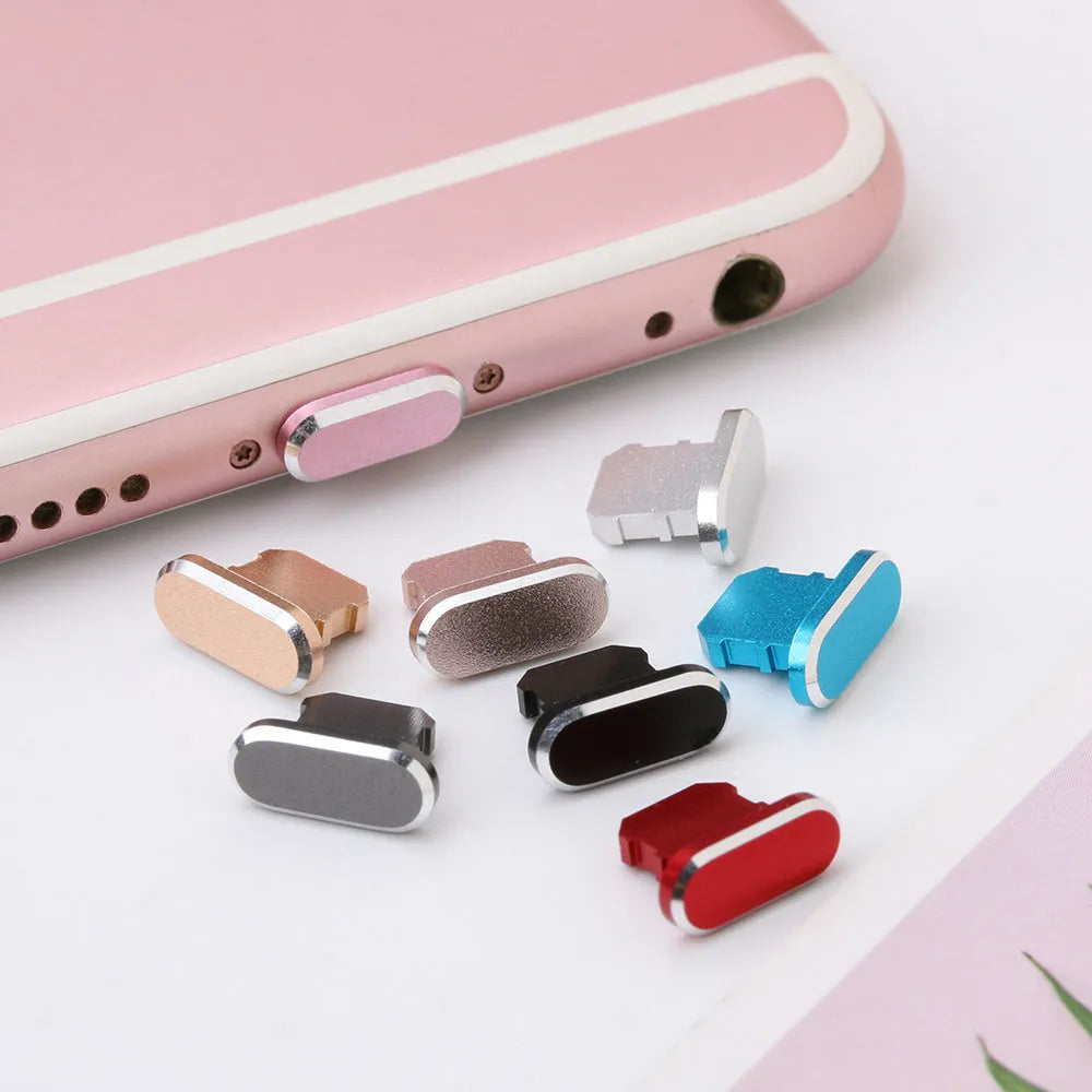 Aluminium alloy dust plug for iPhone Lightning charging port in various metallic colours.