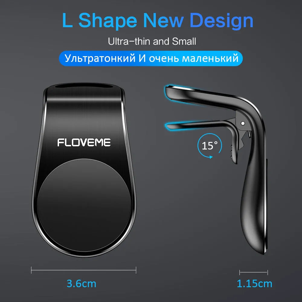 Floveme black car magnet phone bracket attached to air vent with silver aluminium alloy finish