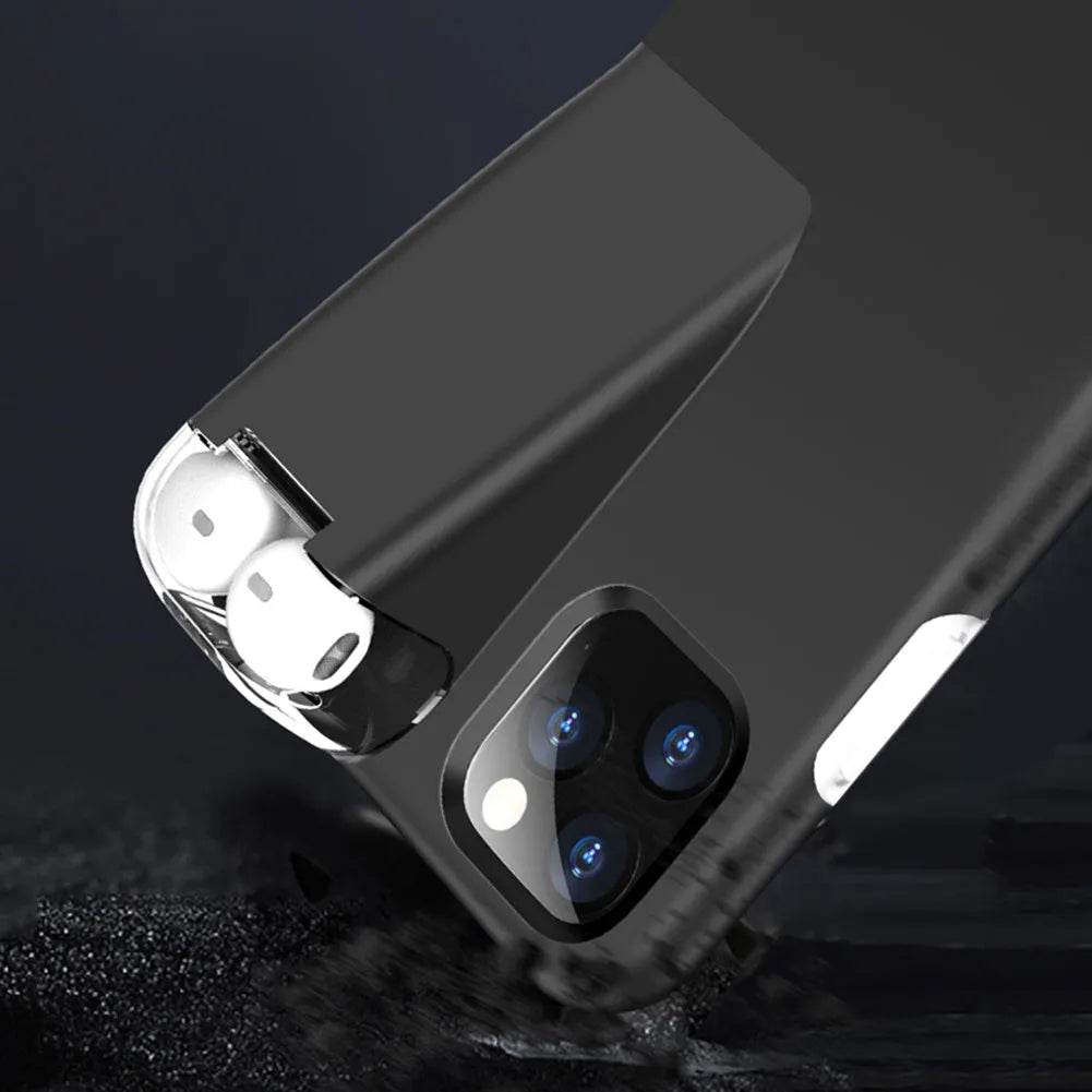 Matte acrylic and silicone AirPods charging case cover with iPhone edge protection in black colour