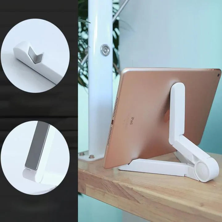 Foldable aluminium tablet holder stand in black showing portrait and landscape phone positioning