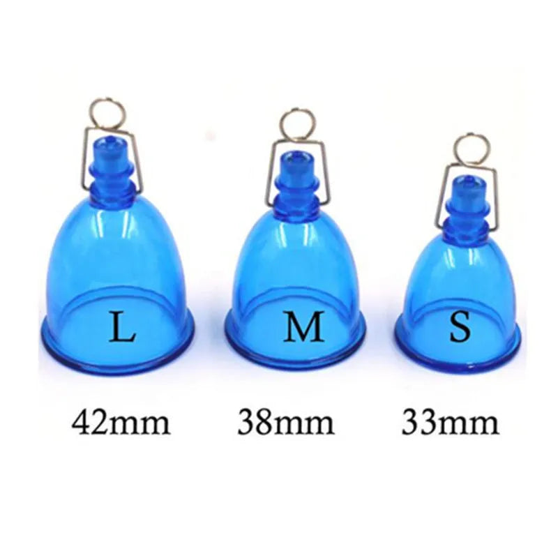Blue silicone male masturbator cup for physical exercise, shown in three sizes S, M, and L.