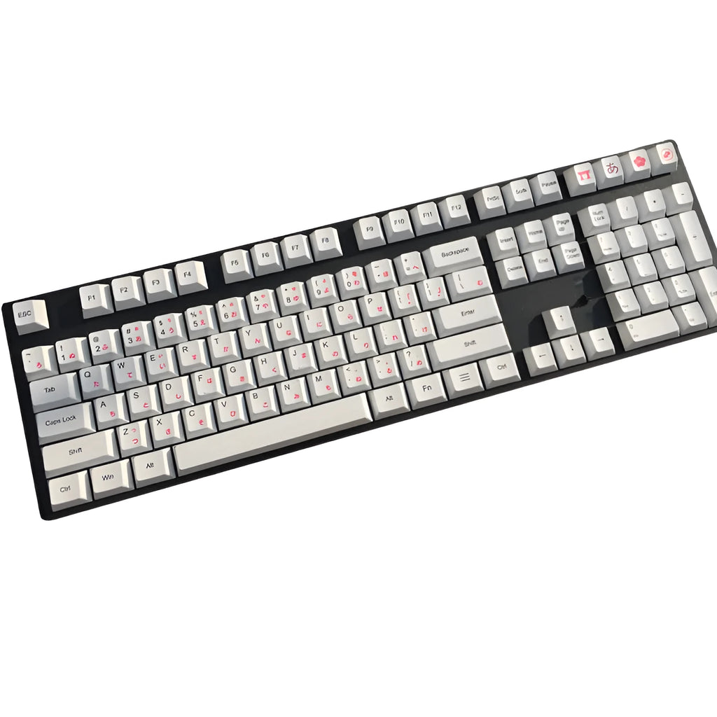 Set of PBT sublimation keycaps showing Japanese, Russian, and Korean language characters for mechanical keyboards.