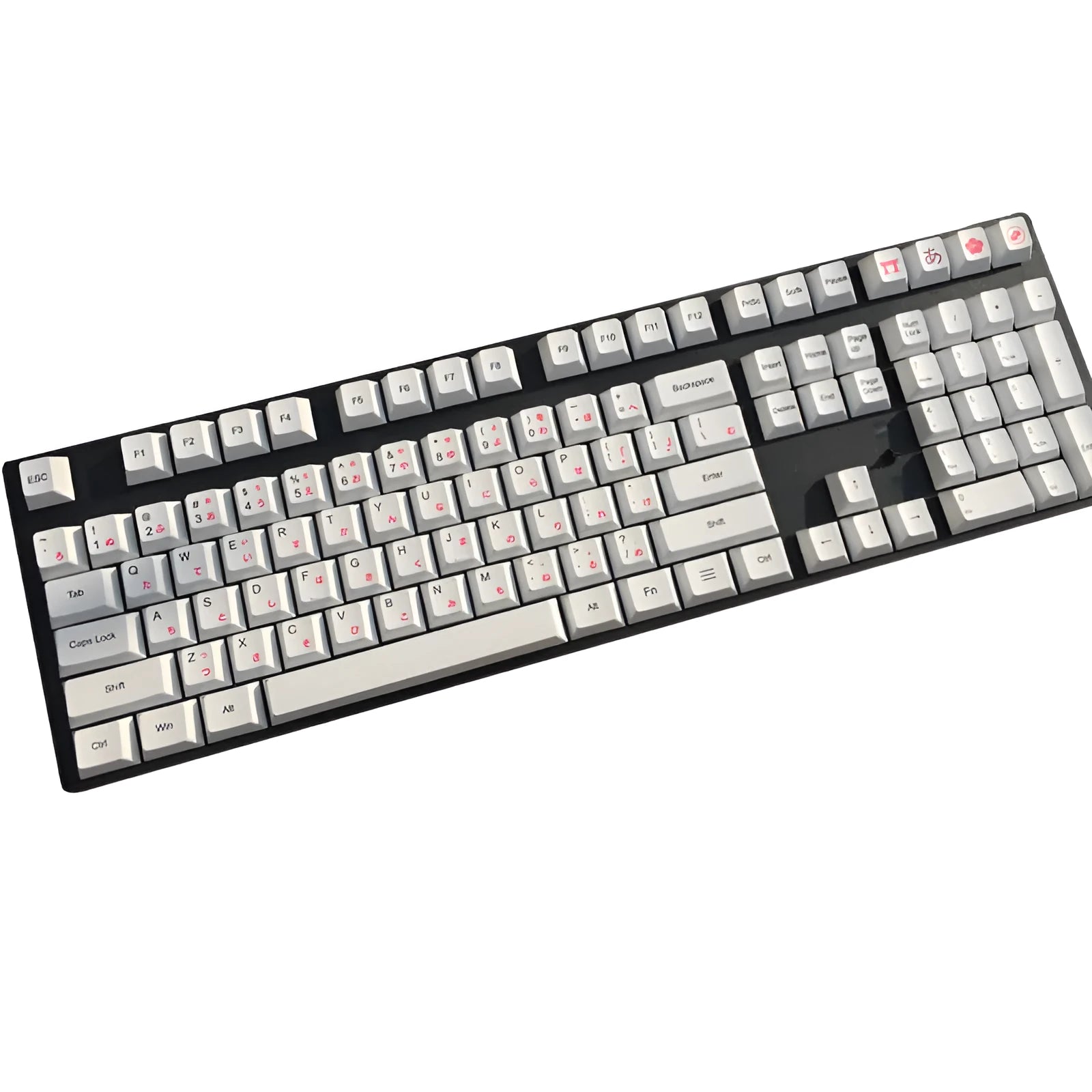 Set of PBT sublimation keycaps showing Japanese, Russian, and Korean language characters for mechanical keyboards.