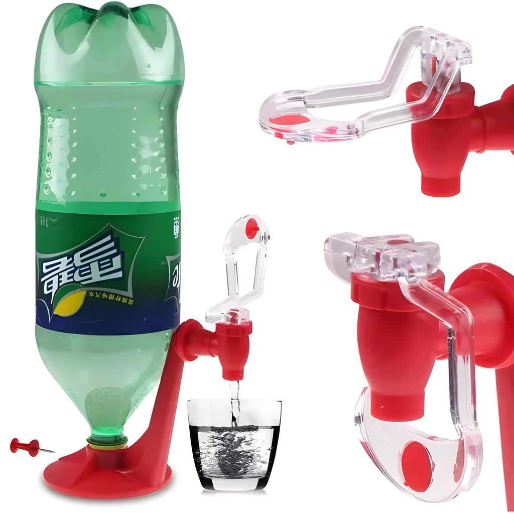Red plastic Magic Tap soda dispenser attached to inverted 2-litre bottle