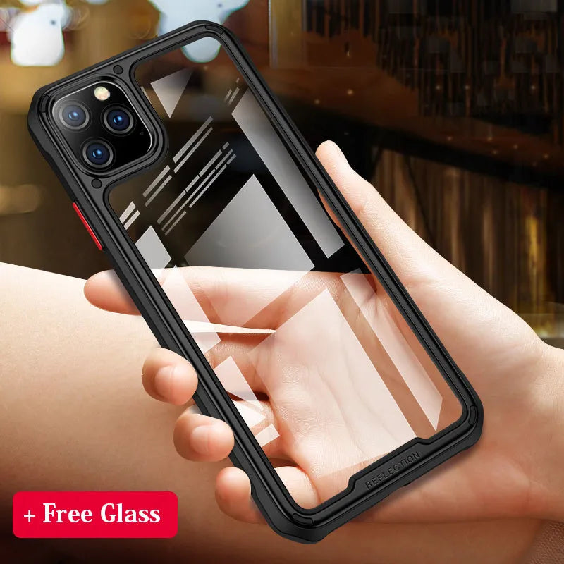 Transparent PU and TPU mobile phone case for iPhone 11 on a table
