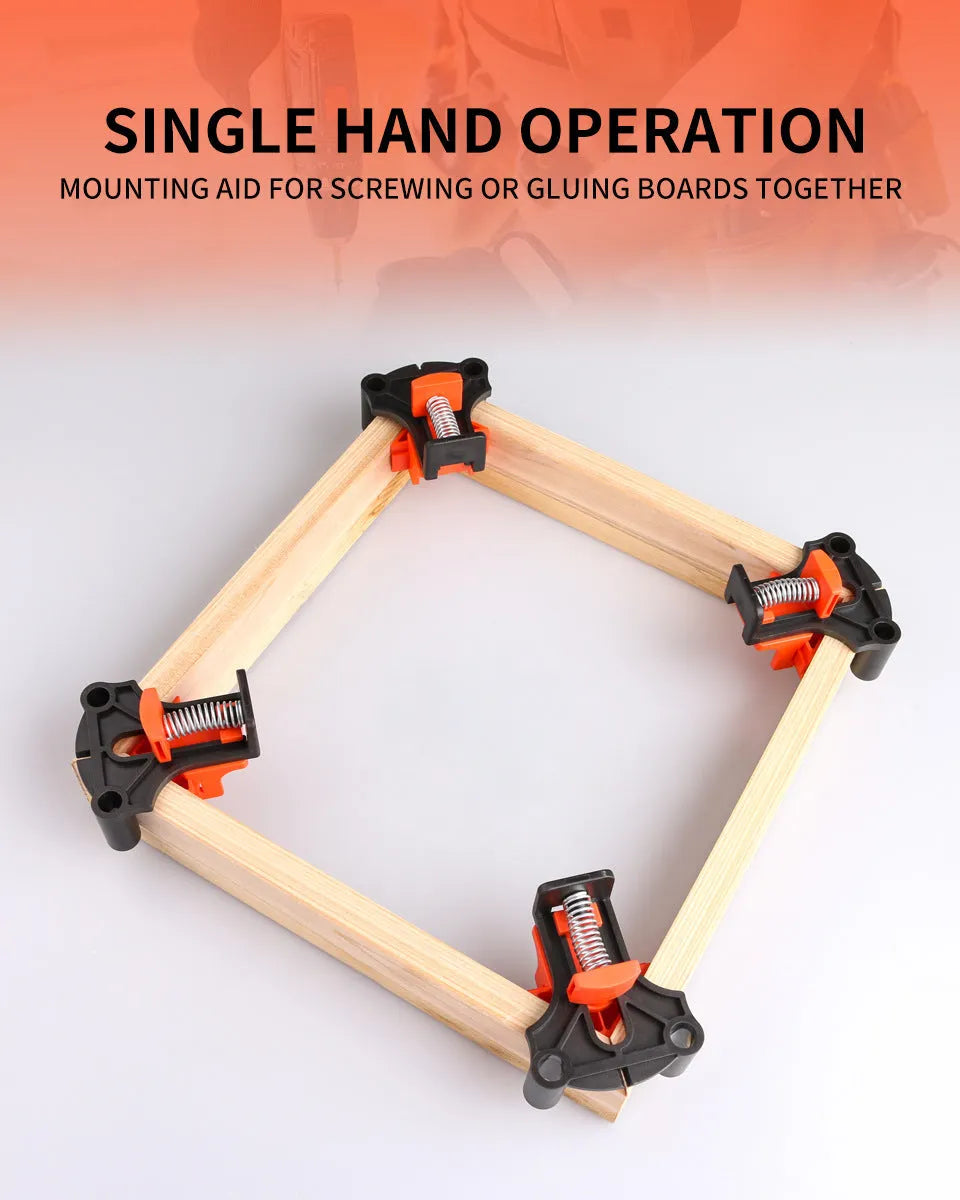 Four plastic 90-degree right angle clamps for woodworking and picture frame assembly