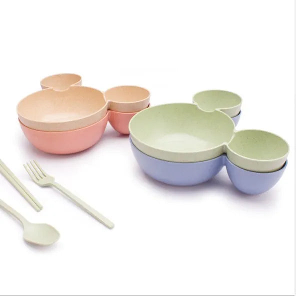 Children's wheat straw bowl set featuring Mickey cartoon design with chopsticks, fork, and spoon in beige