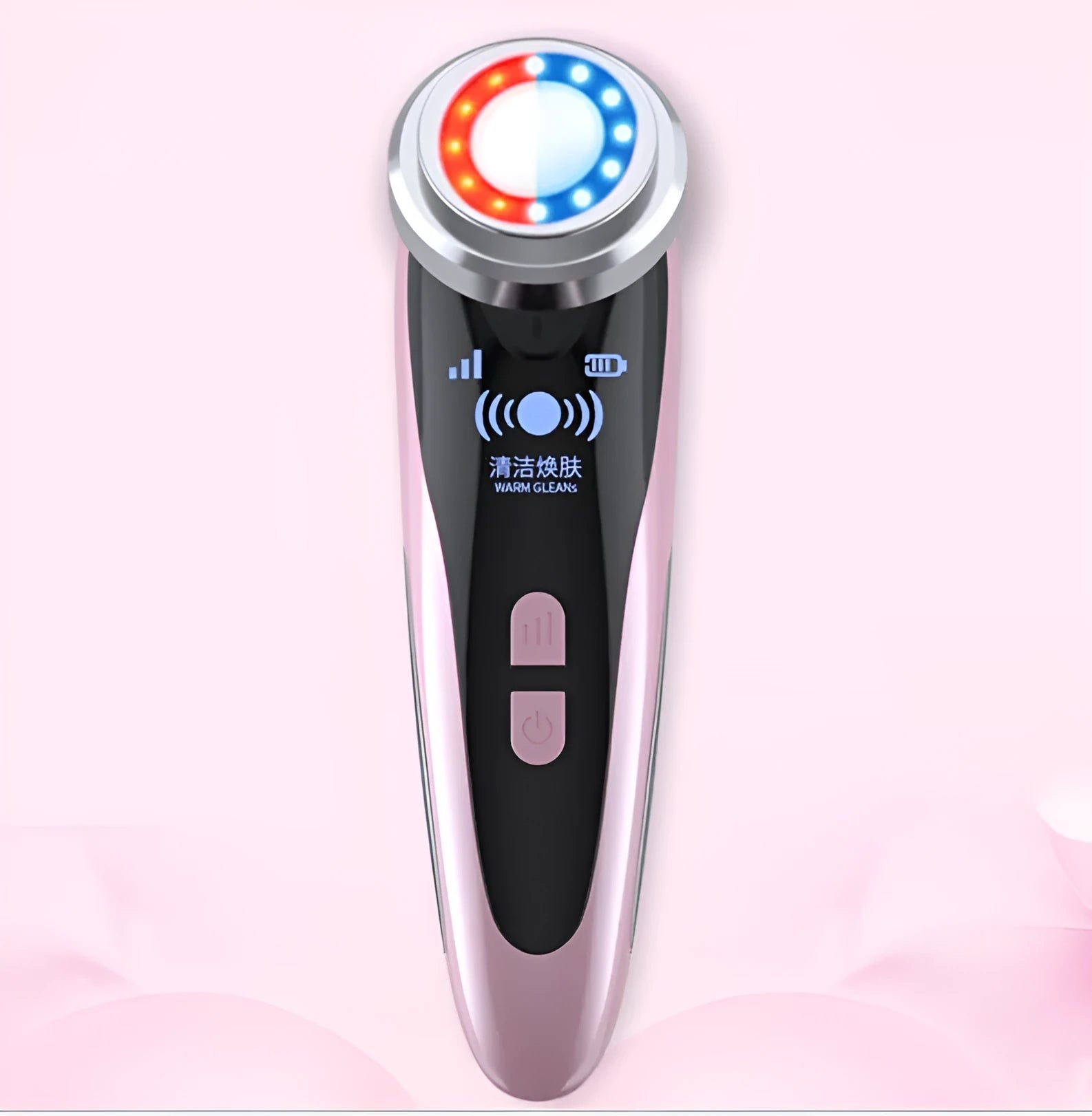 Beauty instrument cleanser in rose pink, 48x55x153 mm, with three speed buttons