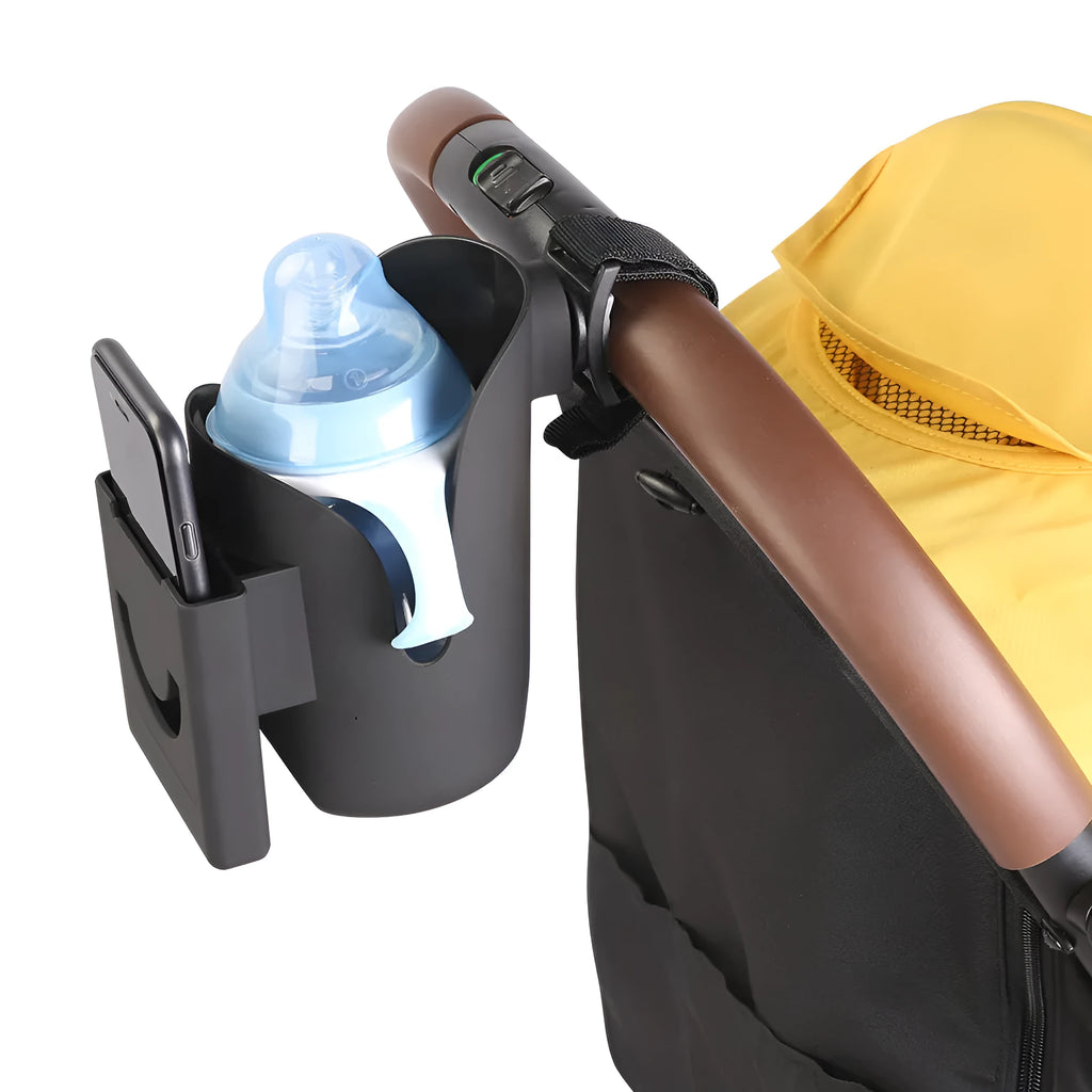 Black ABS cup holder and mobile phone stand set for pram or trolley, holding a cup and phone.