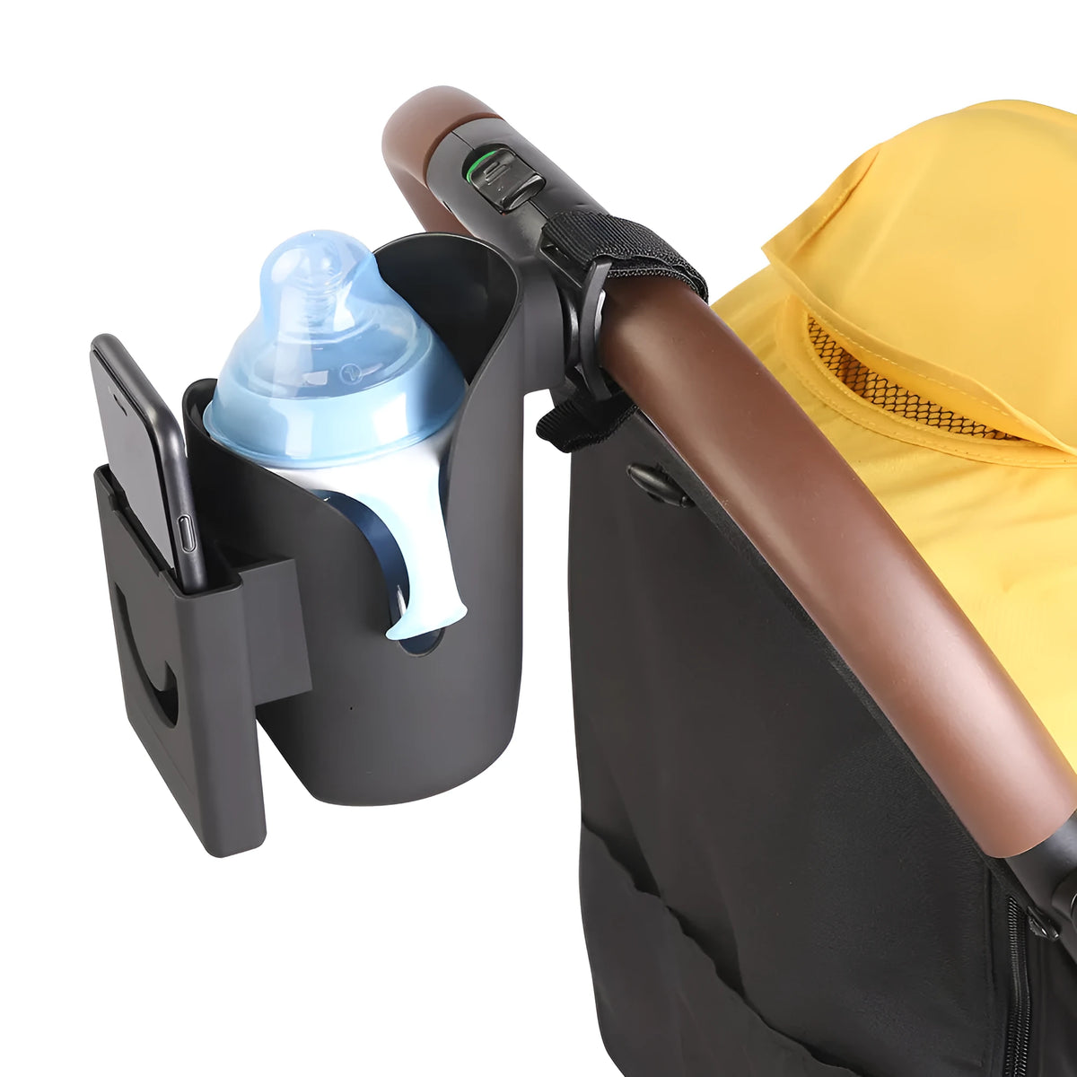 Black ABS cup holder and mobile phone stand set for pram or trolley, holding a cup and phone.