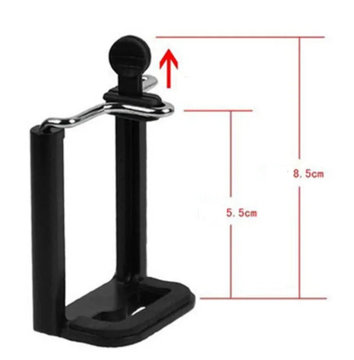 Mini flexible aluminium desktop tripod with ball head extended, alongside a universal U-shaped black phone clip.