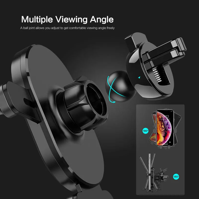 Black car phone holder with 360-degree rotating head on a car dashboard