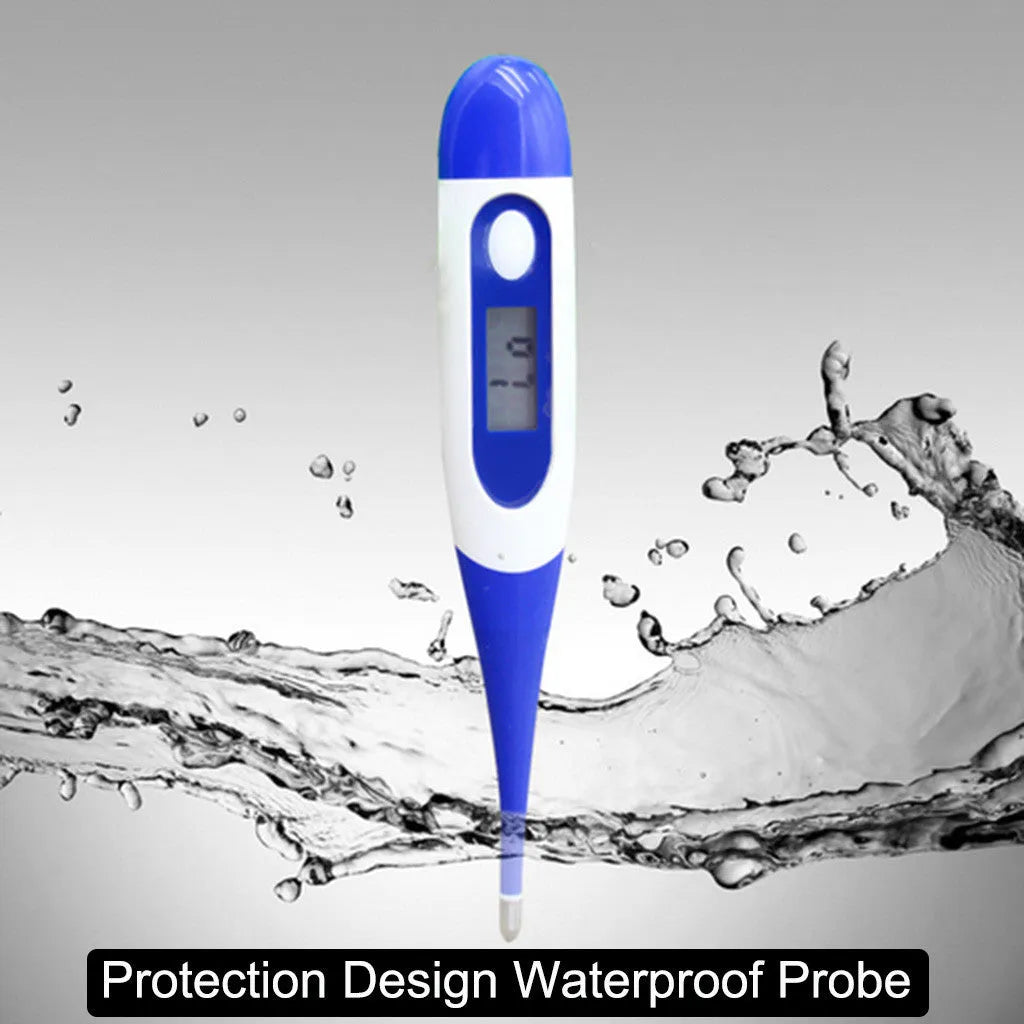 Blue digital electronic waterproof thermometer with LCD display, plastic and silicone body, mercury-free, ±0.1°C accuracy