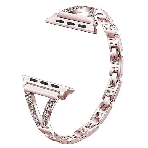 Stainless steel Apple Watch strap with diamond studs, shown in a choice of colours.