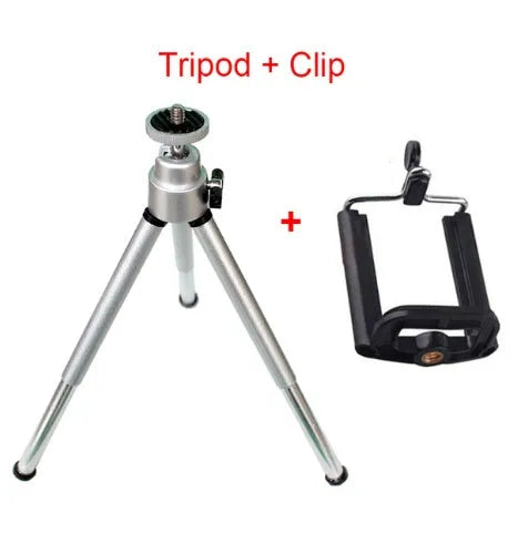 Mini flexible aluminium desktop tripod with ball head extended, alongside a universal U-shaped black phone clip.