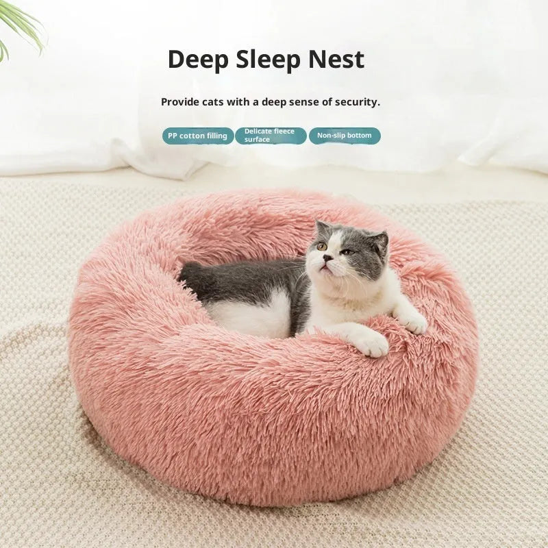Plush fabric pet bed in round shape for dogs and cats multiple sizes and colours