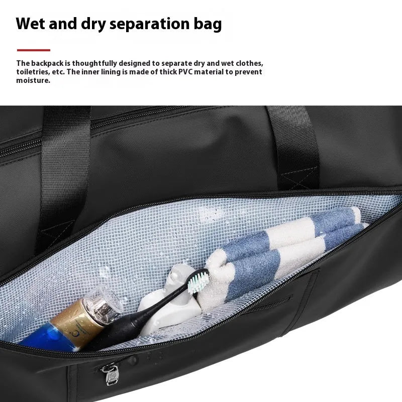Black waterproof suit bag for men with shoe compartment, 45L capacity, folded flat on table