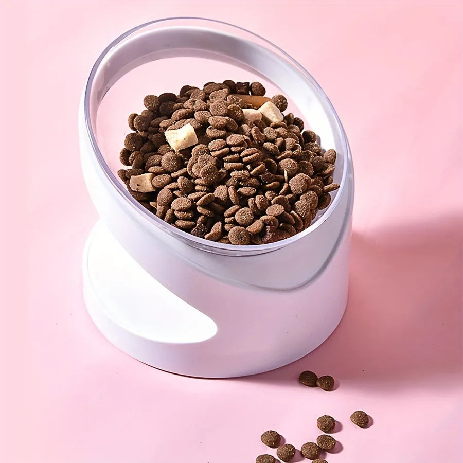 White elevated cat food bowl with ergonomic tilt design for neck protection