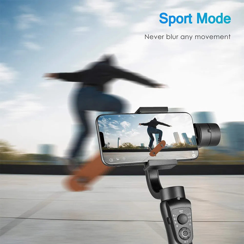Black three-axis handheld smartphone gimbal stabiliser on a tripod with a hard case.