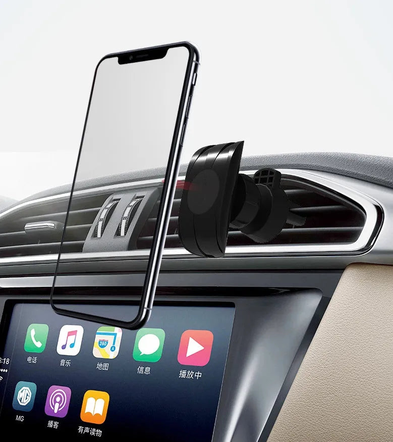 Matte black car phone holder clipped to vehicle air vent holding smartphone