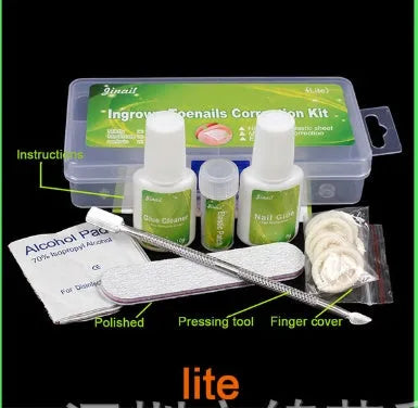 Nail patch kit with elastic strips, glue, debonding agent, alcohol wipes and grinding strips in a PP box