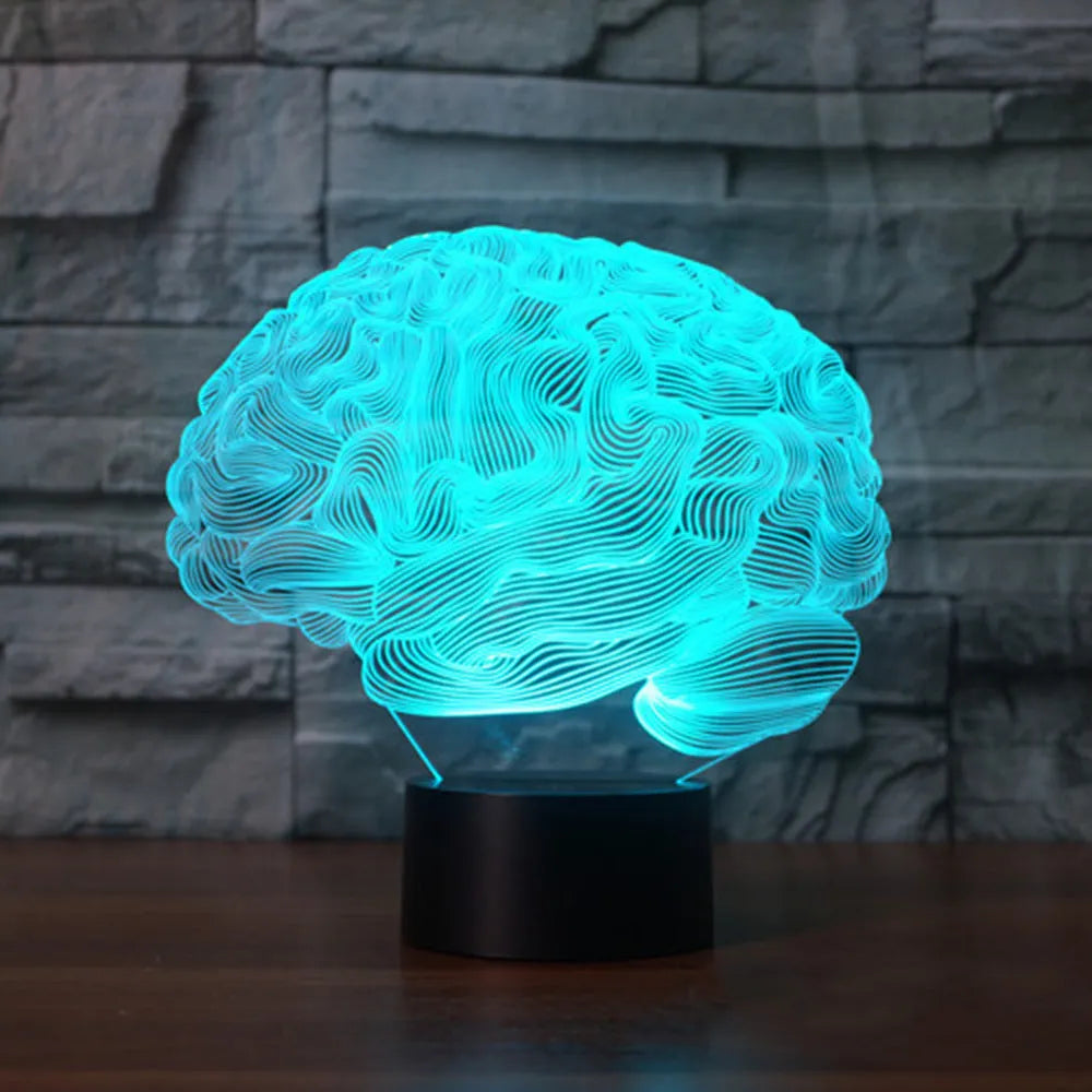 Brain-shaped 3D acrylic illusion desk lamp with colourful LED lights on a black ABS base.