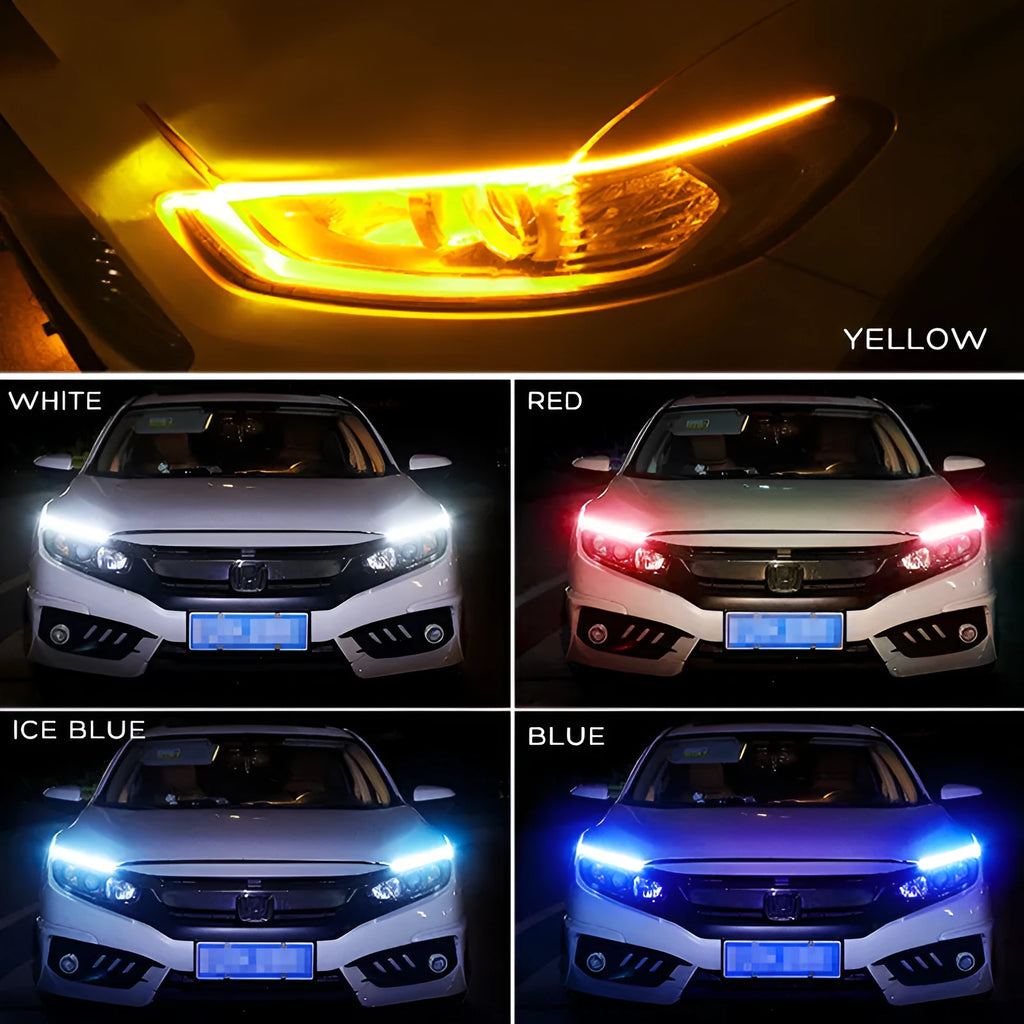 Waterproof silicone car LED daytime running light and flowing turn signal strip in multiple colours.