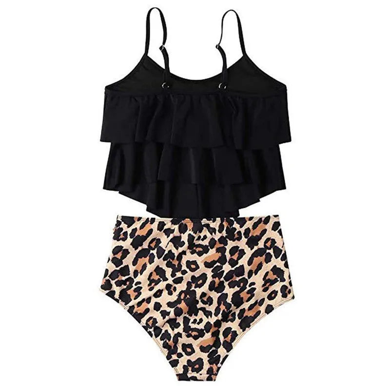 Ruffled bikini swimsuit two-piece set in polyester fibre, available in black, green, and rose red, sizes S-XL
