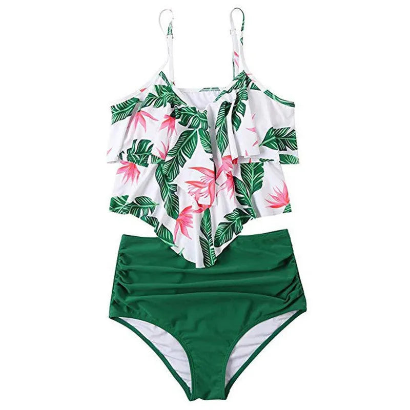 Ruffled bikini swimsuit two-piece set in polyester fibre, available in black, green, and rose red, sizes S-XL