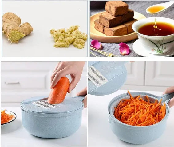 Blue 8-in-1 mandoline slicer with stainless steel blades, container, hand protector, and drain basket on kitchen counter