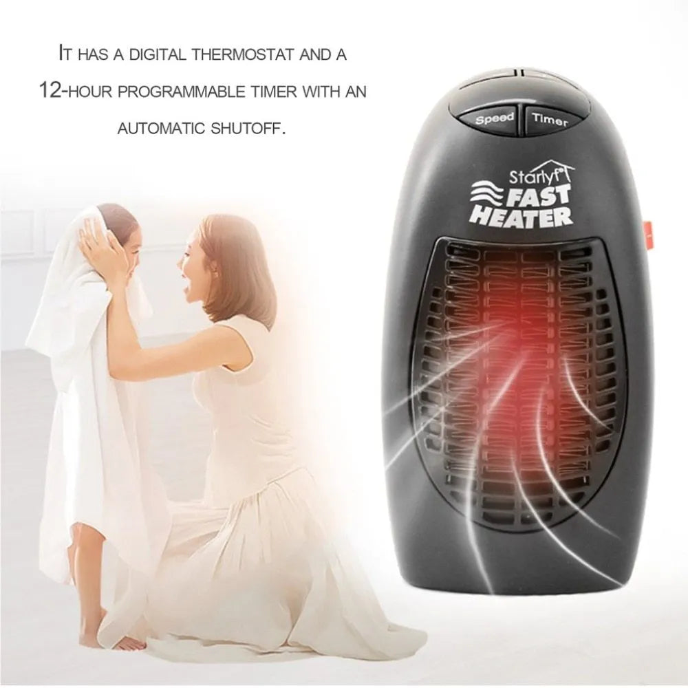 Black mini electric heater with digital display and a rotating three-prong plug on a desk.