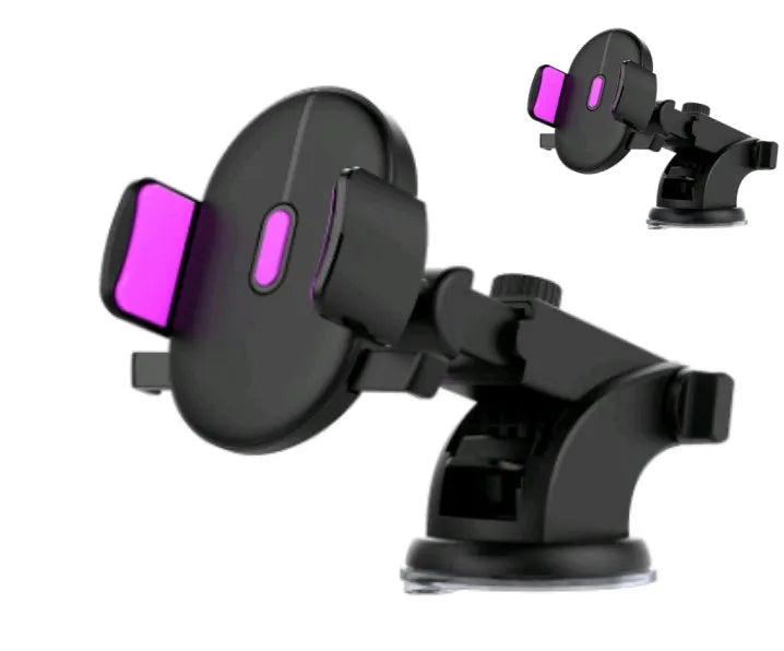 Yellow and black telescopic car phone holder with suction cup mount extended on a dashboard.