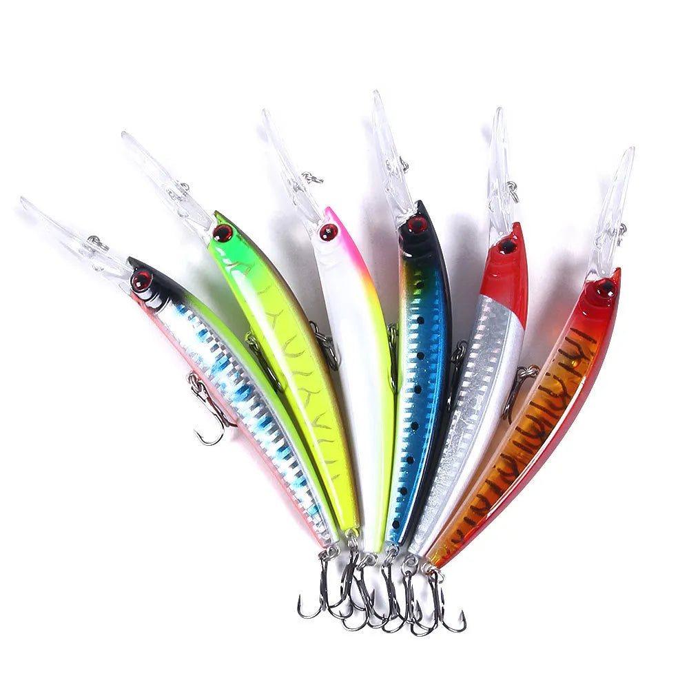 Minoruya fake bait fishing hook plastic hard lure 15cm 15g 6#hook in selected colour on white background