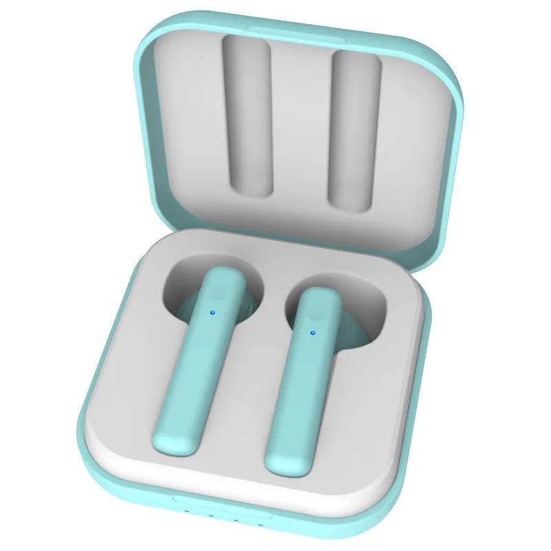 Macaron wireless sports headphones with charging bin in multiple colours including black and pink against white background