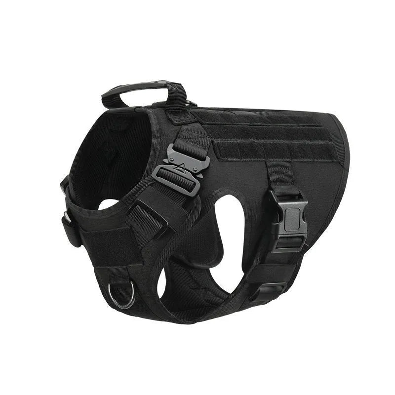 Military tactical dog harness in khaki with adjustable straps, pockets, and metal connection points on a German Shepherd