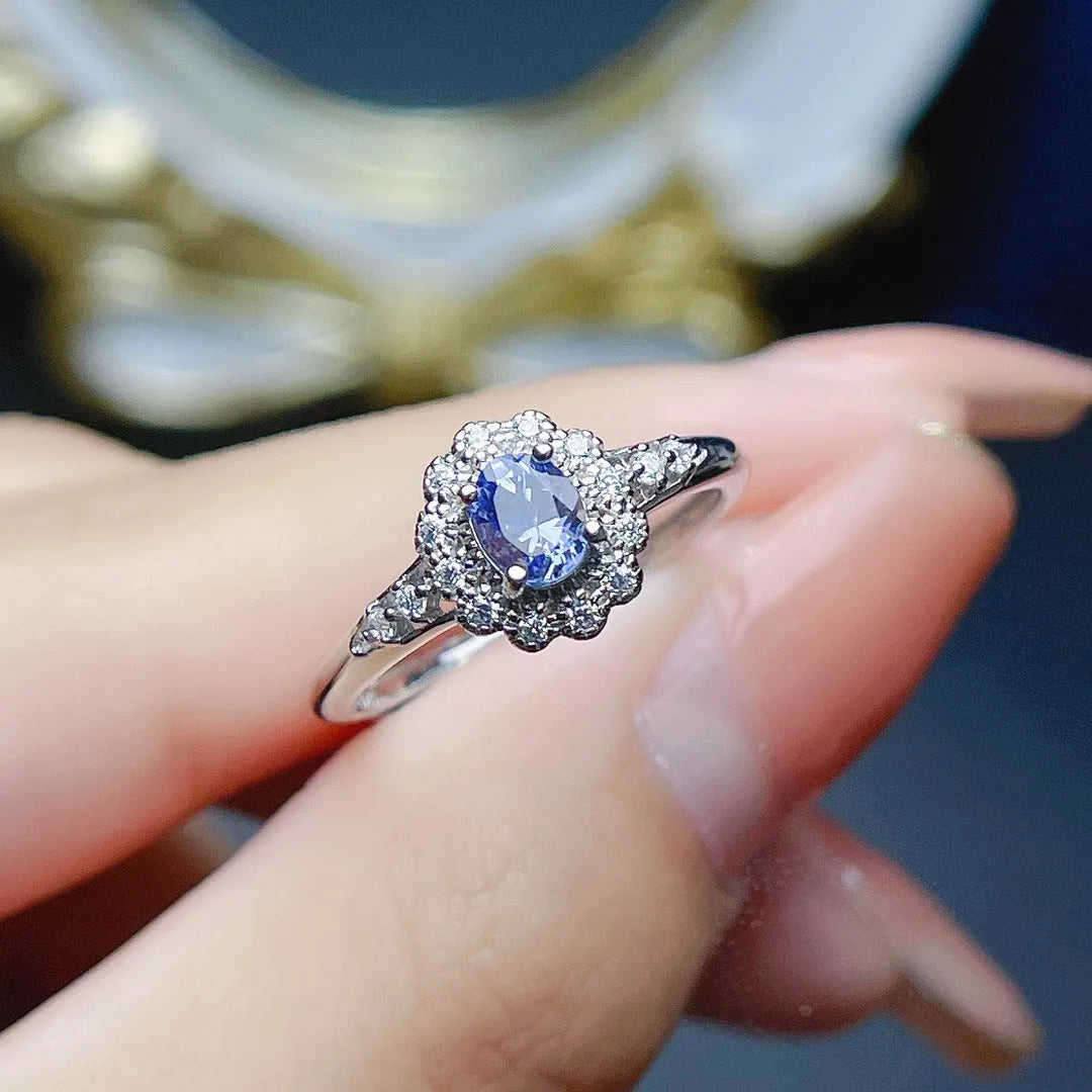 Natural tanzanite ring S925 silver adjustable open shank polished finish
