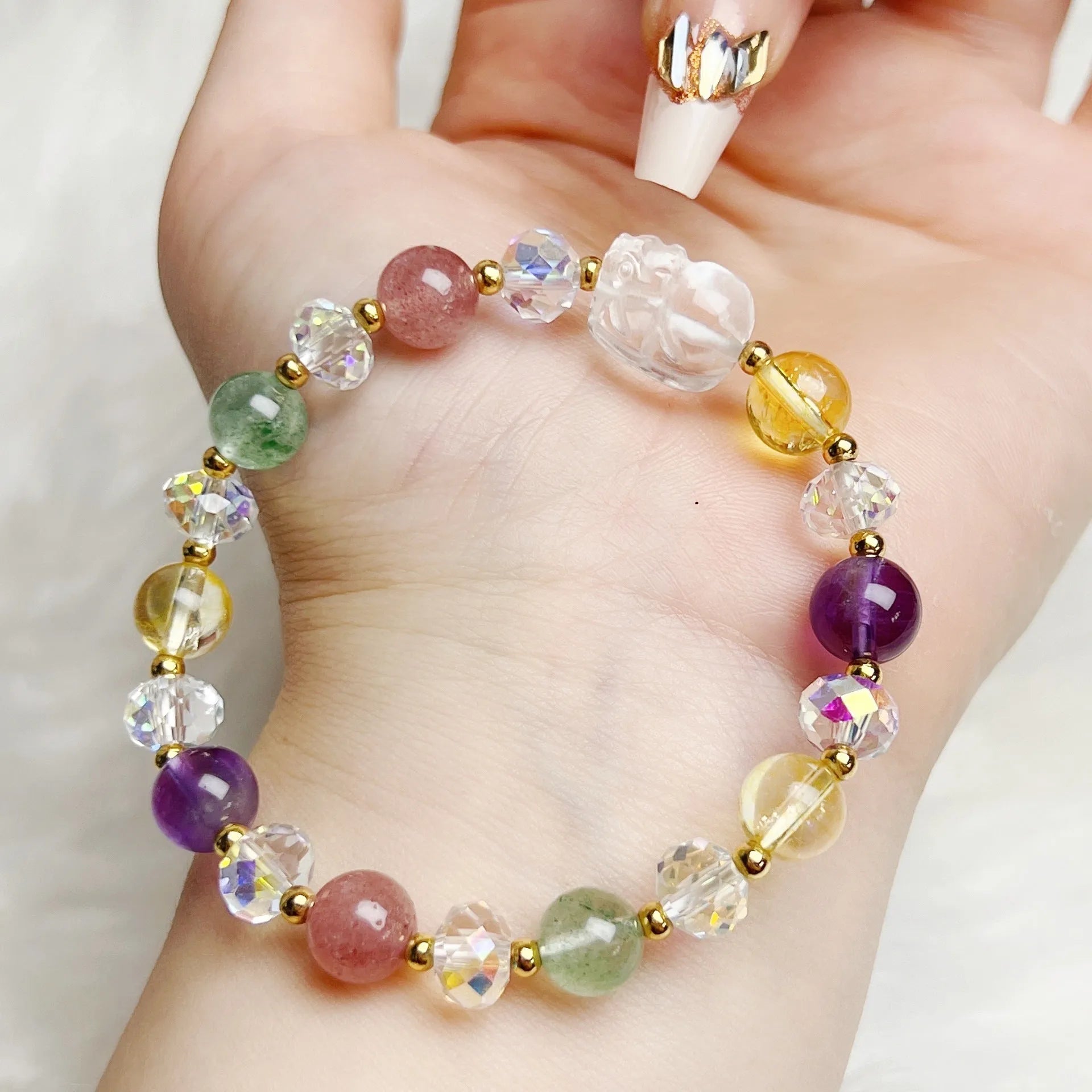 Colourful crystal bracelet with Phoenix and nine-tailed fox charm on adjustable band