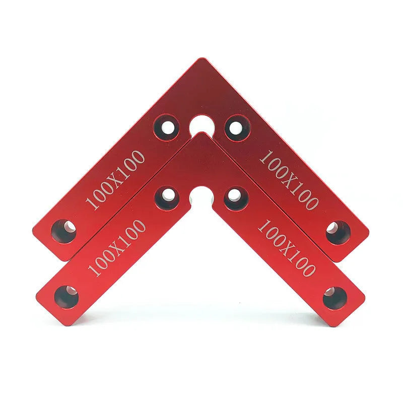 Solid aluminium right angle woodworking positioning block with measurement scale, shown with clamps and jigsaw.