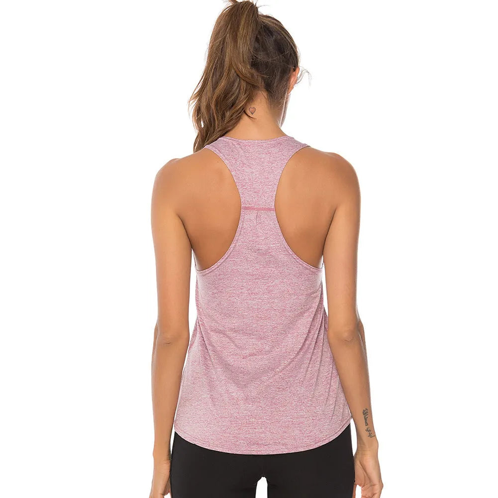 Women's sleeveless polyester gym vest with O neck, shown in slate, sky blue, pink, green and purple, sizes S to XL