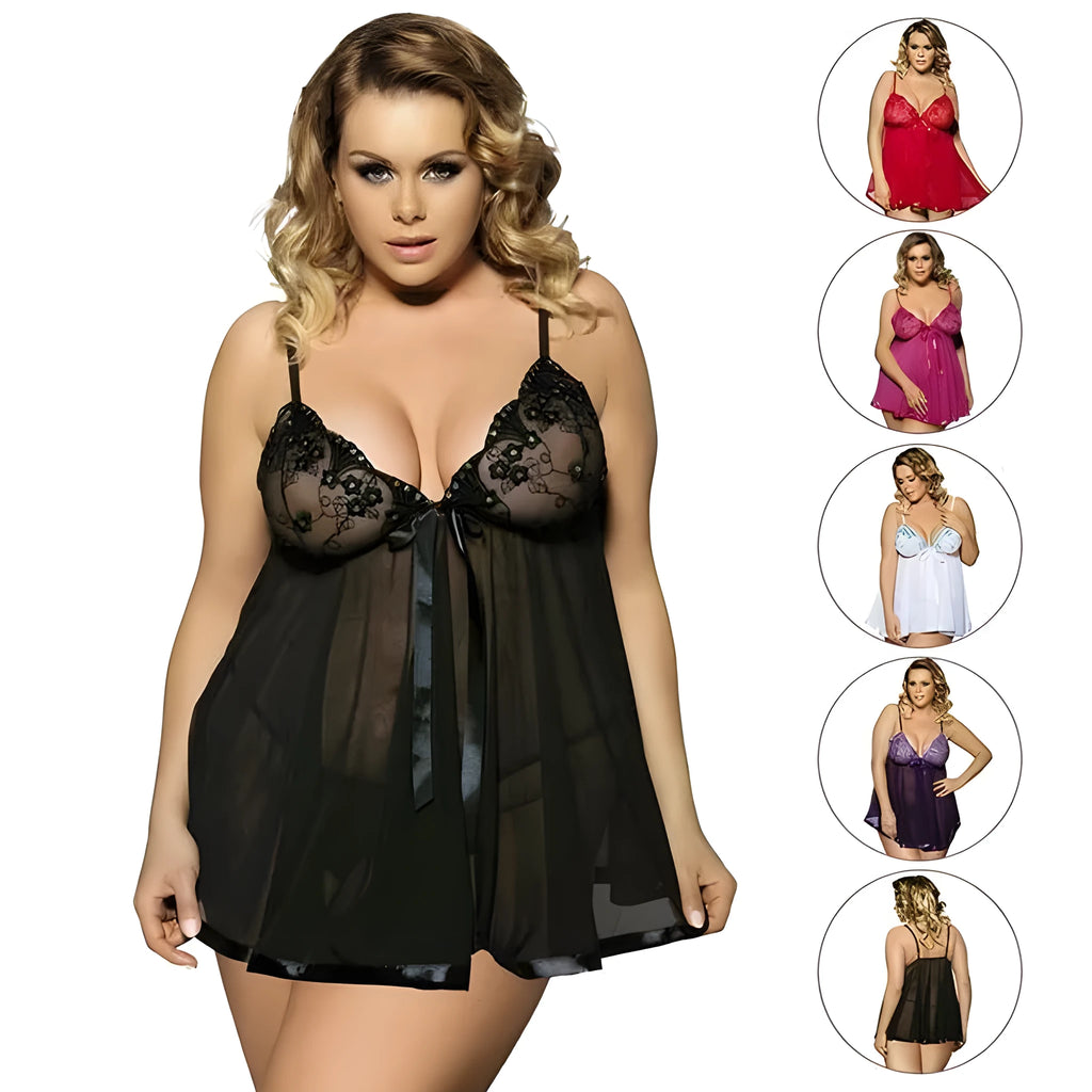 Women's purple polyester sleepdress with lace detailing and mesh panels in sling dress style