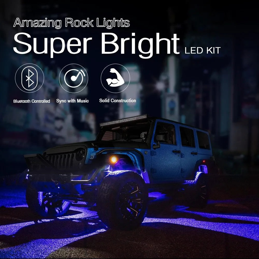 Eight-piece undercarriage LED atmosphere light set with RGB colours, die-cast aluminium housing, and CREE lamp beads for off-road vehicles