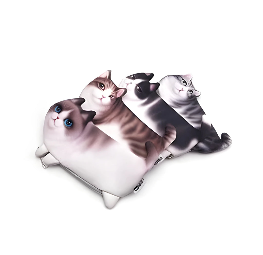 Soft black cosmetic bag with 3D printed cat pattern, showing zipper closure and dimensions of 16cm x 21cm