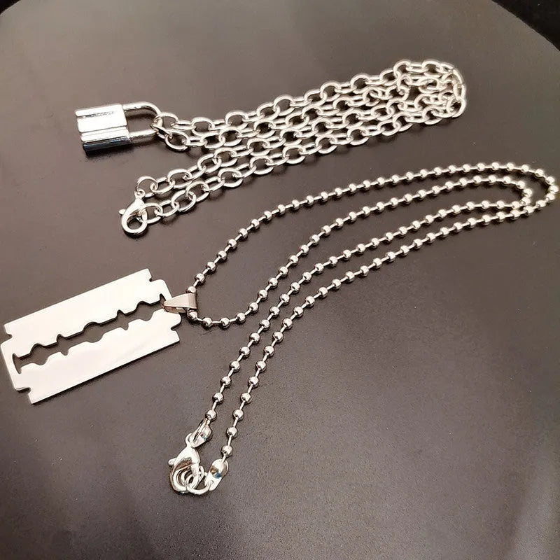 Layered Chains Punk Necklace with Blade and Two Piece Styles in Alloy and Titanium Steel Electroplated Finish Picture Colour European and American Style