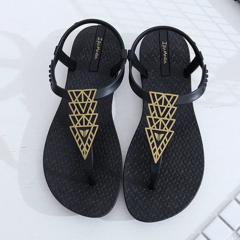 Women's Bohemia flat sandals in black or brown, sizes 36-39, soft bottom, simple folk style.